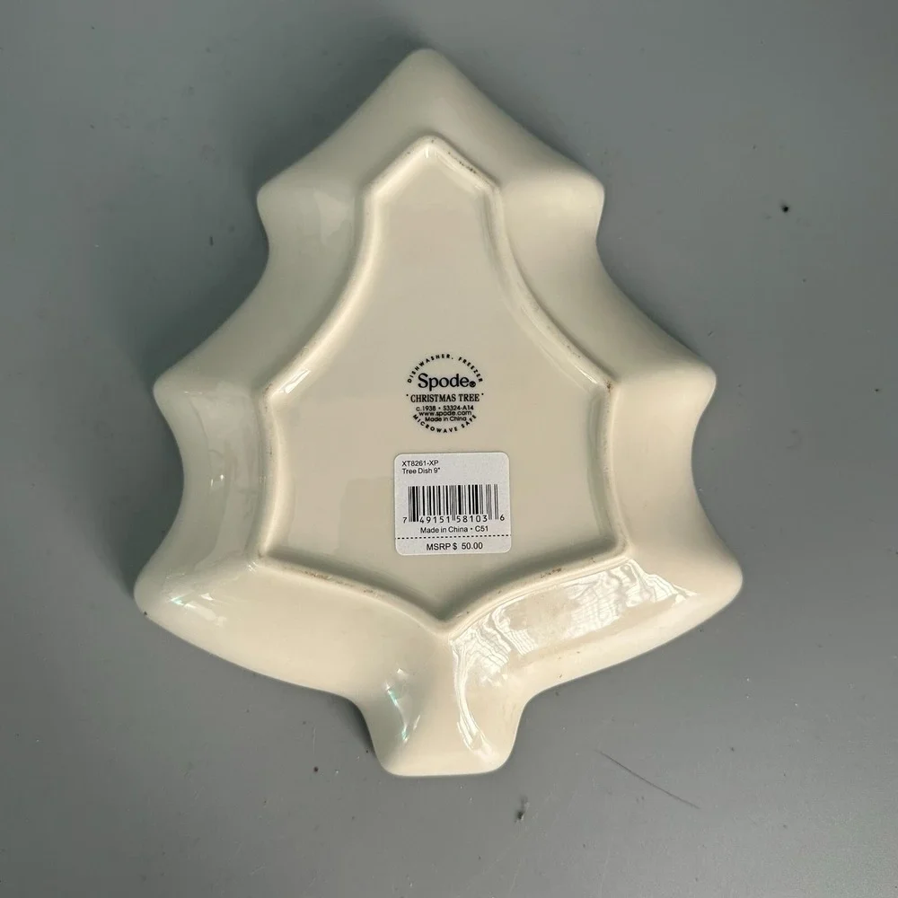 Spode Christmas Tree 9 Inch Tree Shaped Candy Dish S3324-A14 Green Trim Ceramic